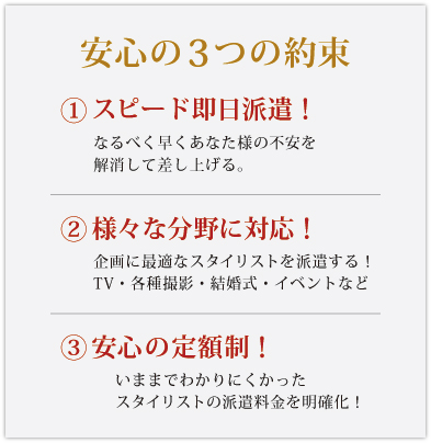 １）スピード即日派遣！　２）様々な分野に対応！　３）安心の定額制！